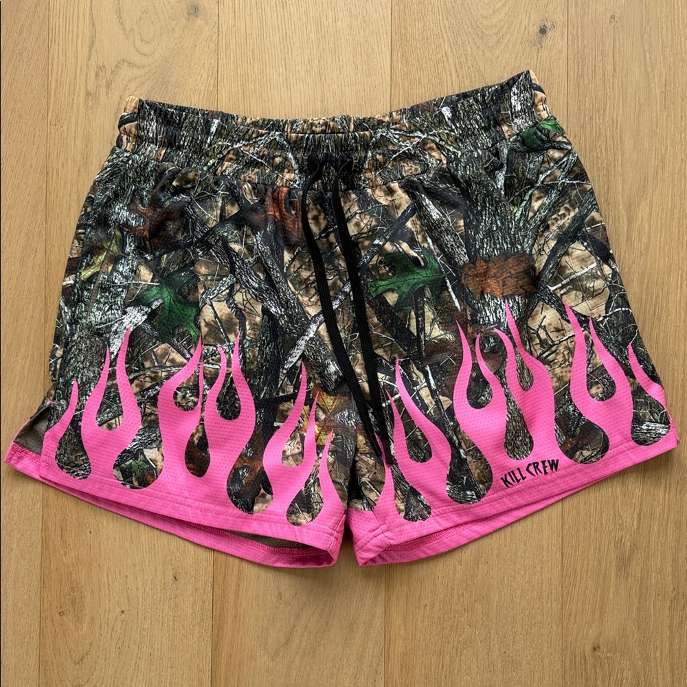 Kill Crew Camo Athletic Shorts with Pink Flame Trim
